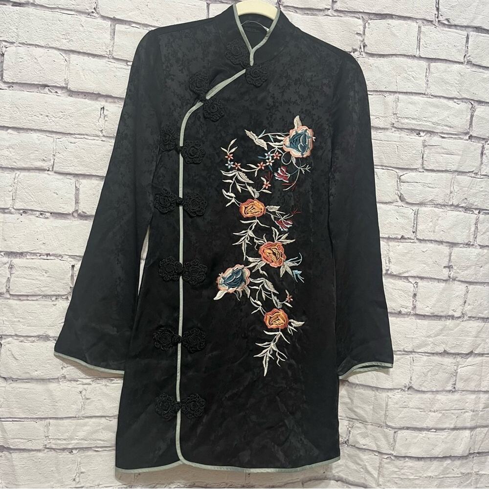 Zara Floral Embroidered Jacquard Kimono Style Black Dress Size XS